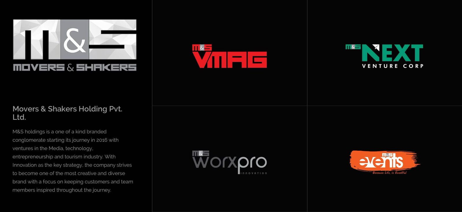 Brand board showing the Movers & Shakers wordmark beside the VMAG, NEXT Venture Corp, WORXpro and M&S Events logos.